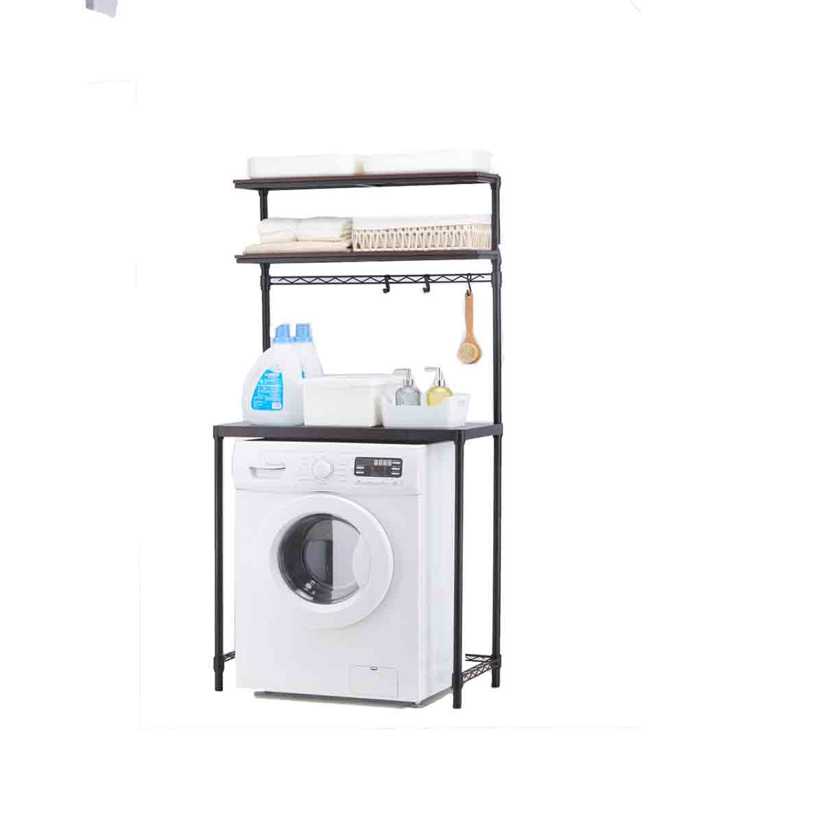 3-Tier Washing Machine Storage Rack with Hanging Rod and Hooks / Laundry Room Shelf Over The Washing Machine 