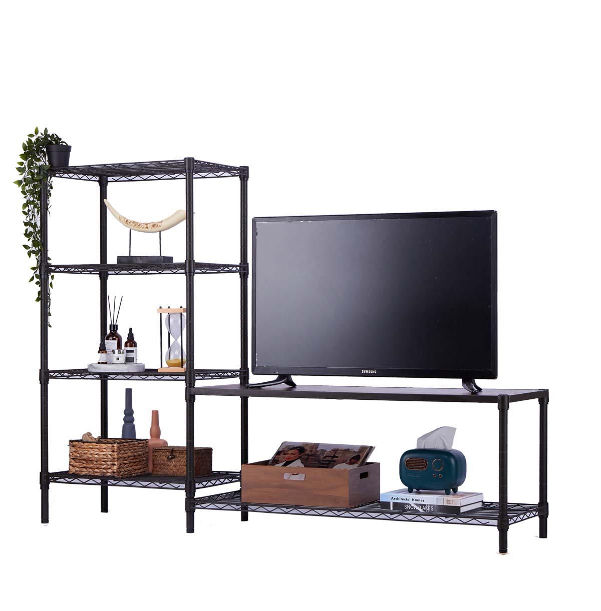 6-Tier Metal TV Stand For 42 Inch TV/ Entertainment Center / TV Console Table With Open Storage Shelves For Living Room / Bedroom