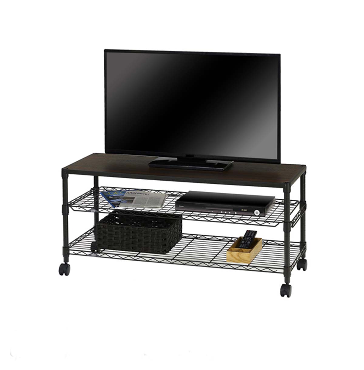 3-Tier TV Stand with Wood Top TV Console Table With Open Storage Shelves on Wheels For Living Room  Bedroom 40-110