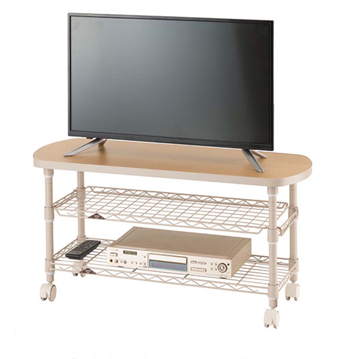 3-Tier TV Stand with Wood Top / TV Console Table With Open Storage Shelves on Wheels For Living Room  Bedroom 35-95