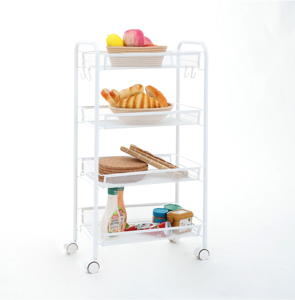 4-Tier Metal Utility Rolling Cart / Mesh Wire Storage Trolley / Slide Out Storage Shelving Units for Kitchen Bathroom Laundry Roomon Wheels with Hooks