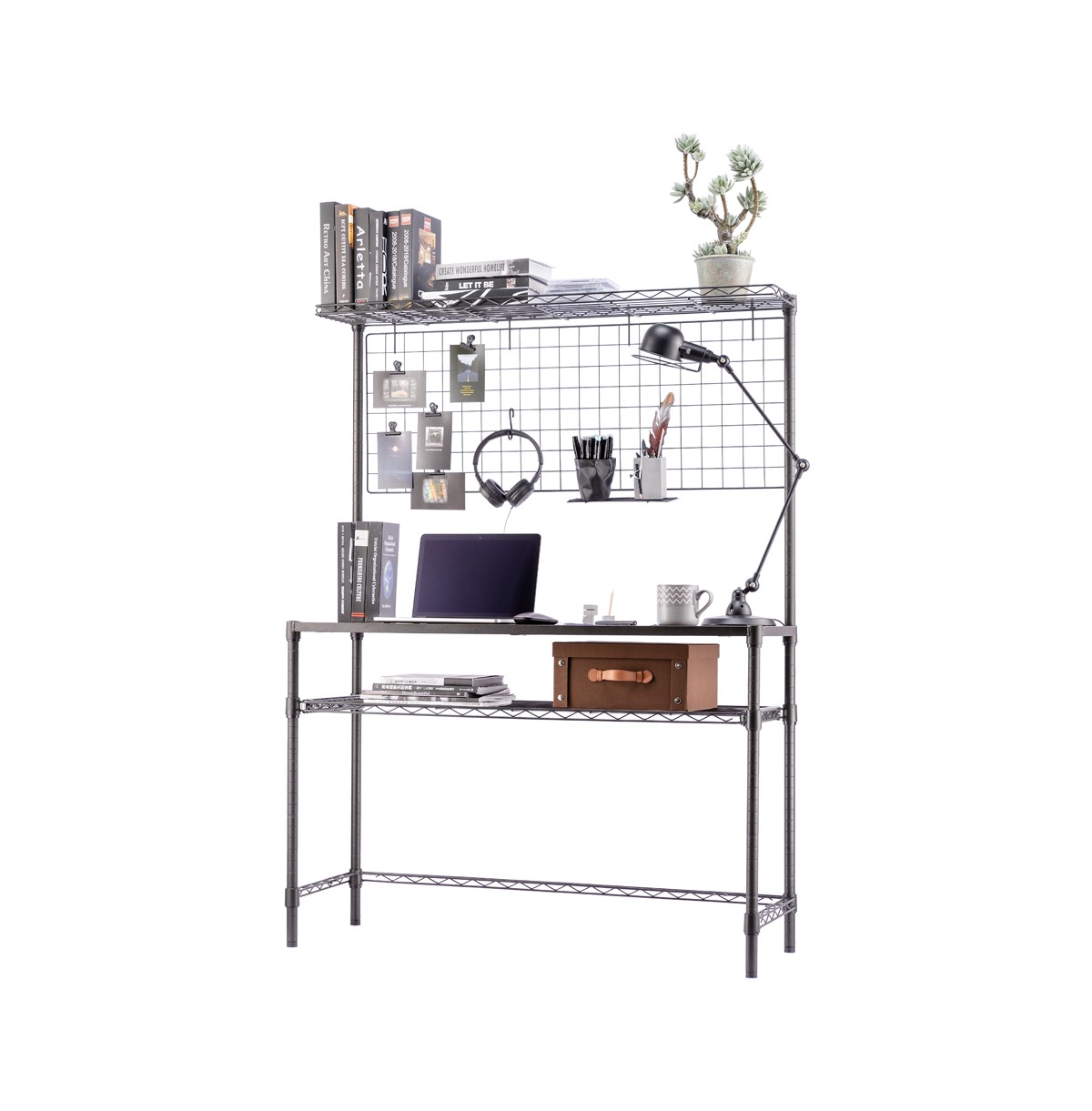 3-Tier Workstation Computer Desk With Wire Storage Shelves / Home Office PC Laptop Table Study Desk 