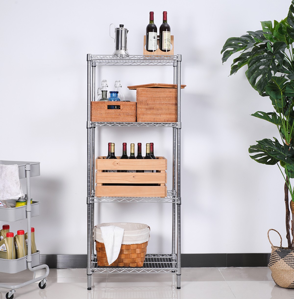 4-Tier Steel Wire Shelf for Sale / Wire Corner Shelving Unit / Steel Organizer Wire Rack Chrome