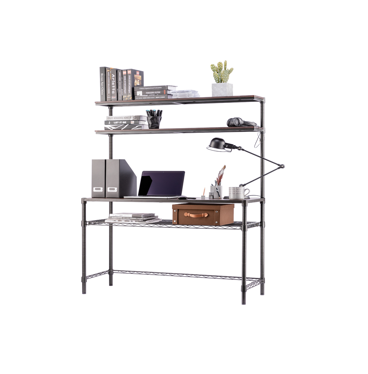 4-Tier Workstation Computer Desk With Wire Storage Shelves / Home Office PC Laptop Table Study Desk 