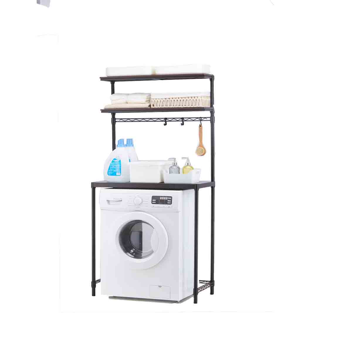 3-Tier Washing Machine Storage Rack with Hanging Rod and Hooks / Laundry Room Shelf Over The Washing