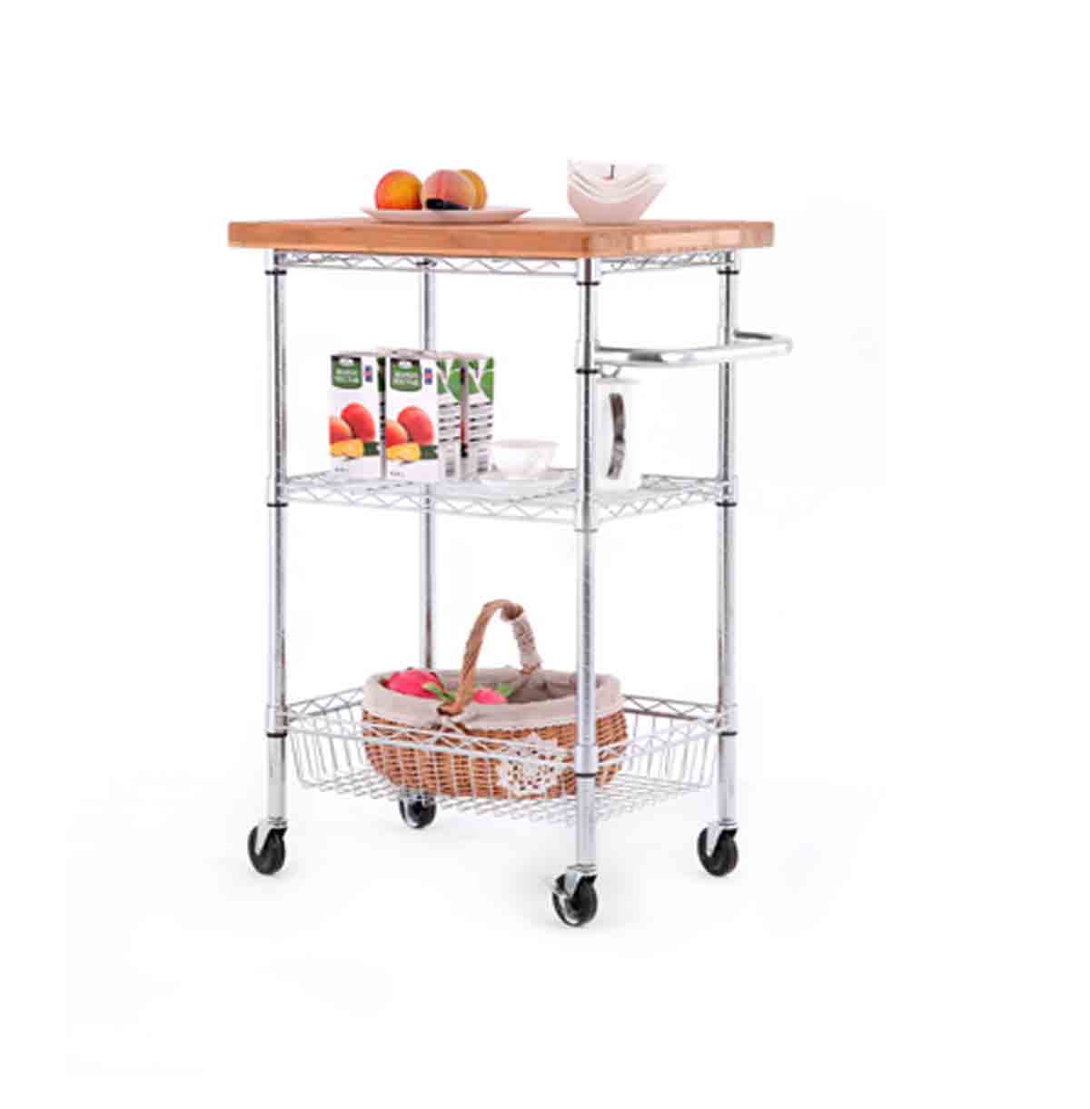 Garage Chrome Wire Shelf Trolleys / Storage Microwave Rack Cart With Wood Top