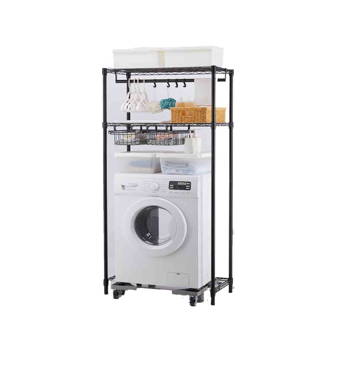 2-Tier Washing Machine Storage Rack with Hanging Rod, Hooks and baskets / Laundry Room Shelf Over The Washing Machine 