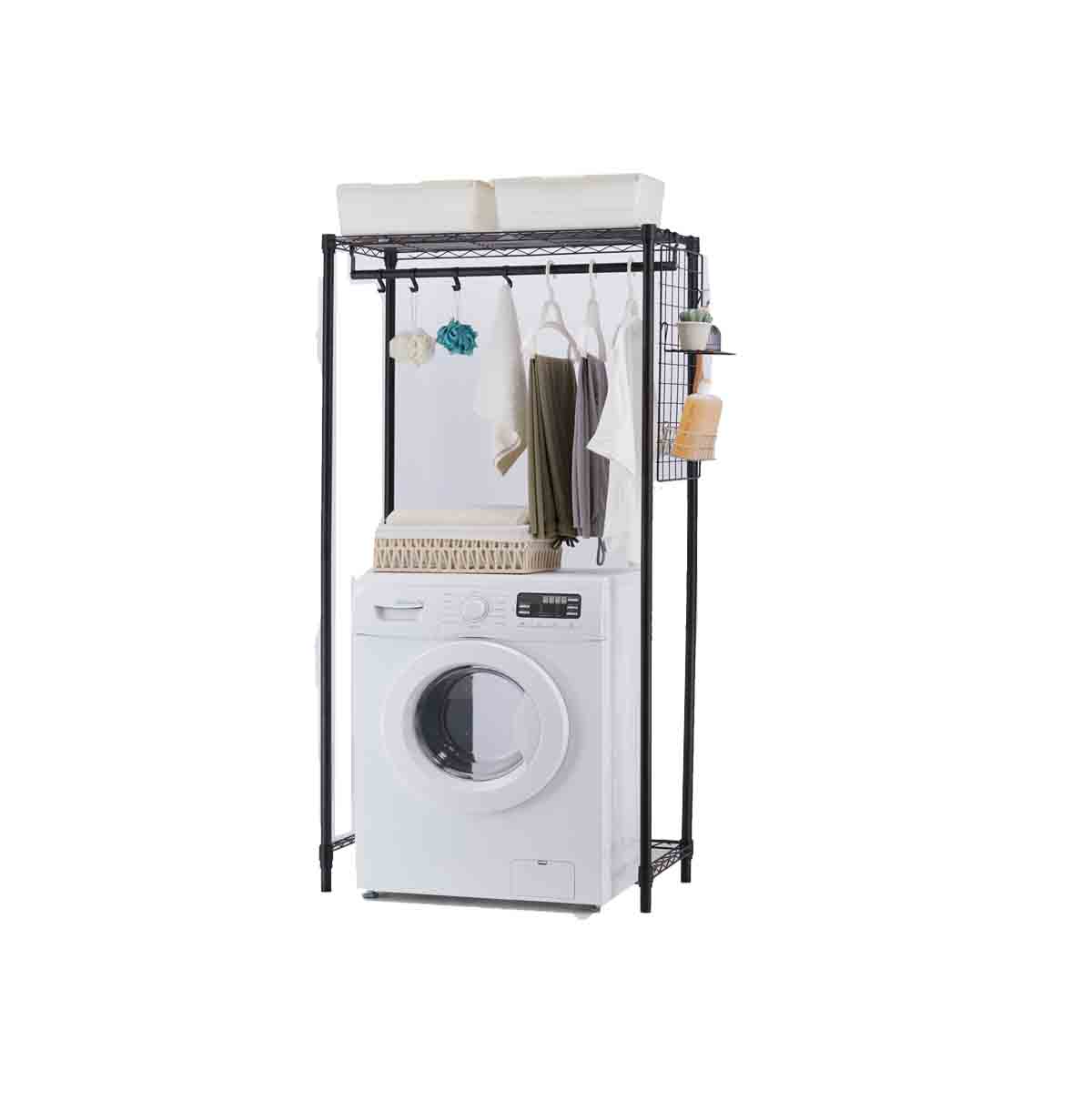  1-Tier Washing Machine Storage Rack with Hanging Rod and Hooks / Laundry Room Shelf Over The Washing Machine 
