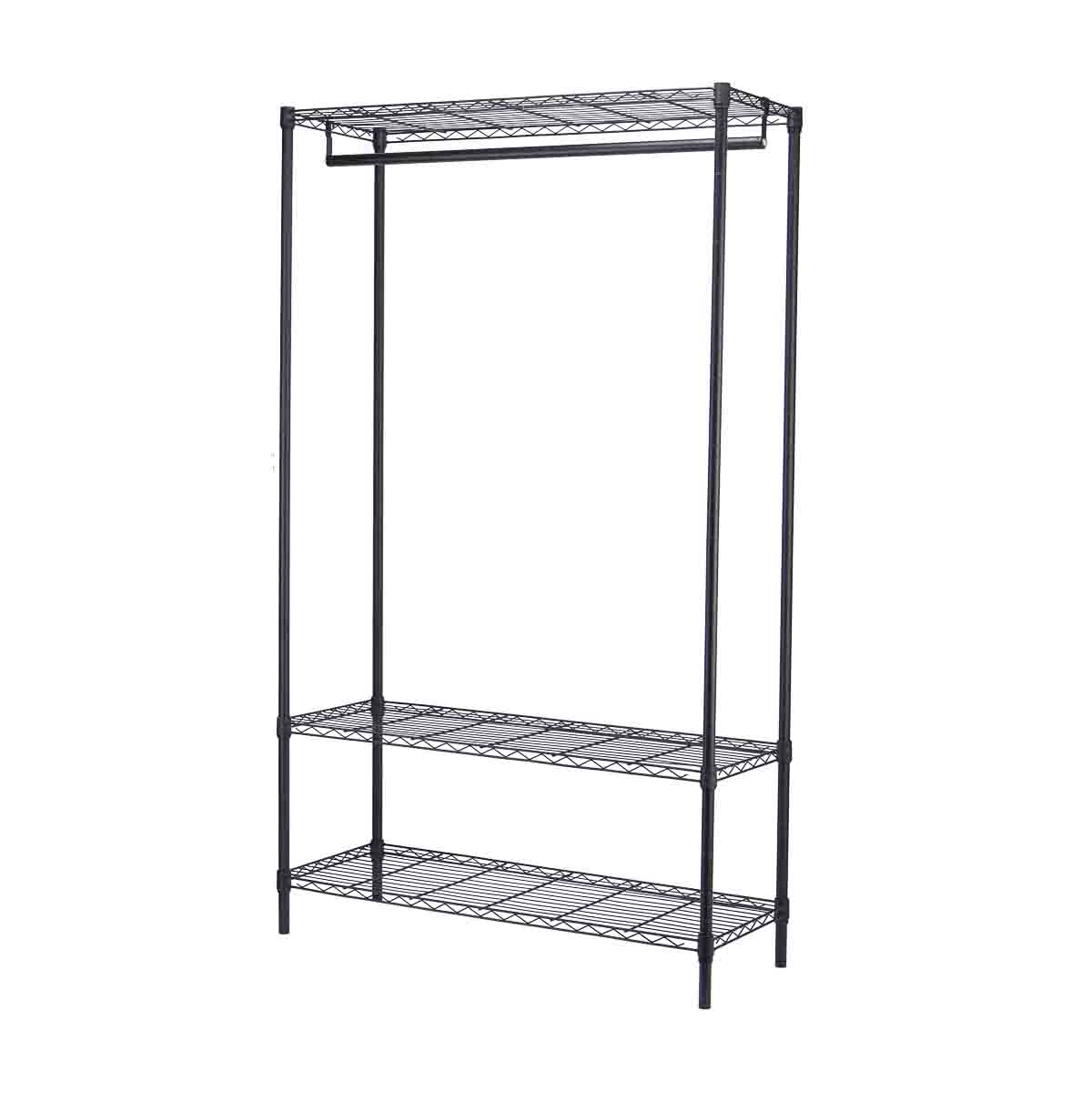 3 Tier Wire Closet Shelf Organizer With Hanging Rod / Freestanding Open Wardrobe Organizer