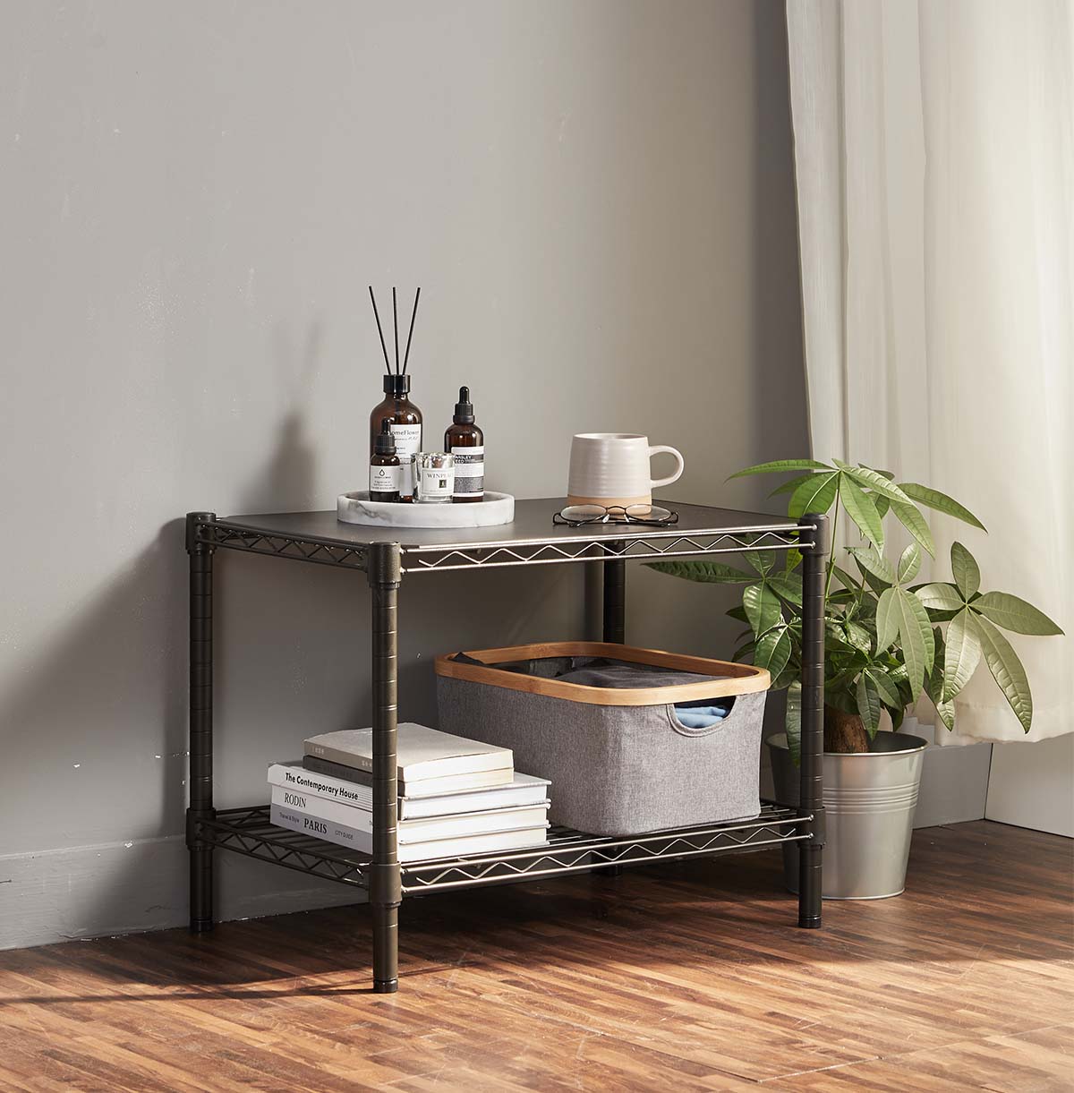 2-Tier Wire Metal Shelving For Living Room / Metal Display Shelving / Metal End Tables Bathroom