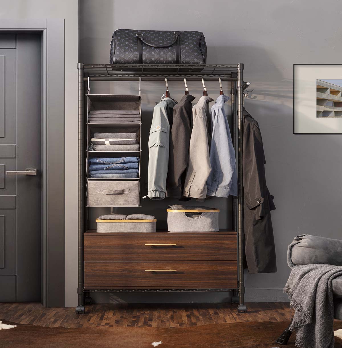 Wire Closet Shelf Organizer With Hanging Rod & Wooden Drawers