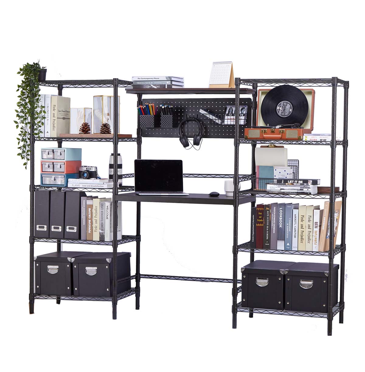 12-Tier Bookshelf / Workstation Computer Desk With Wire Storage Shelves / Home Office PC Laptop Table Study Desk 