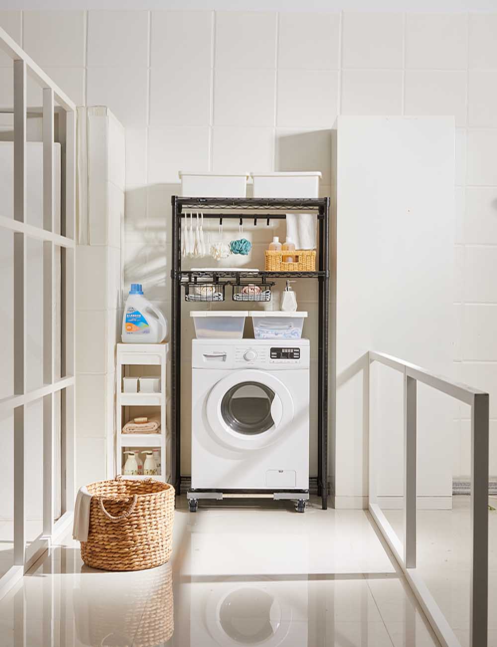 2-Tier Washing Machine Storage Rack with Hanging Rod, Hooks and baskets / Laundry Room Shelf Over The Washing Machine 