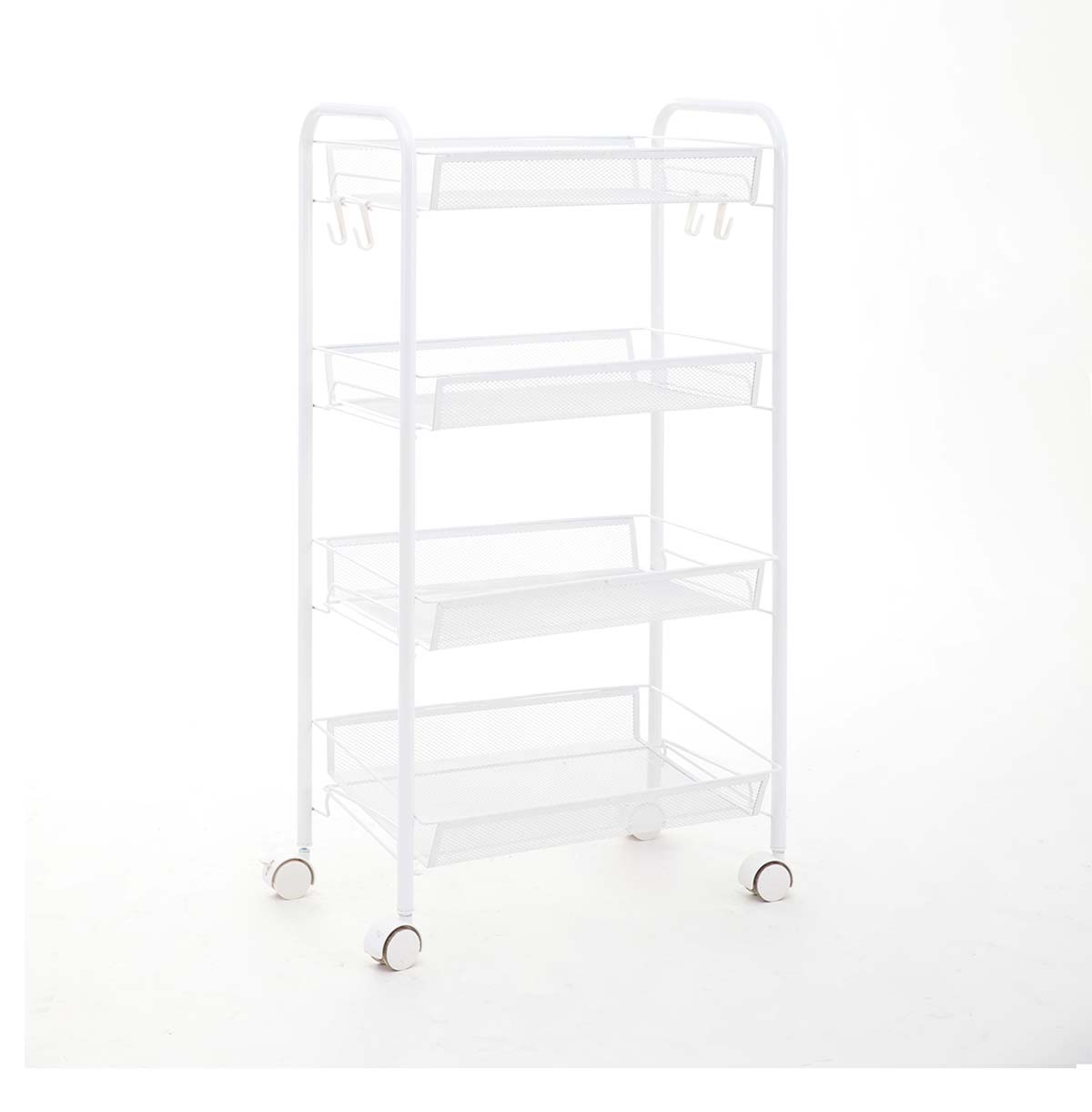 4-Tier Metal Utility Rolling Cart / Mesh Wire Storage Trolley / Slide Out Storage Shelving Units for Kitchen Bathroom Laundry Roomon Wheels with Hooks