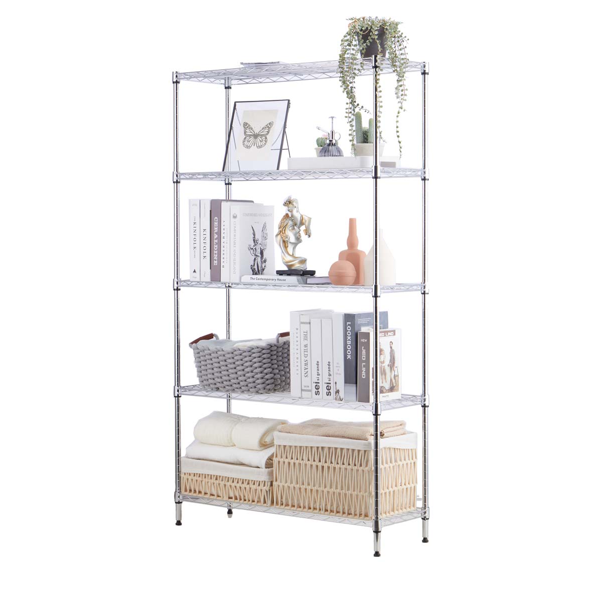 5-Tier Wire Display Shelf / Chrome Wire Shelving Unit / Wire Storage Rack