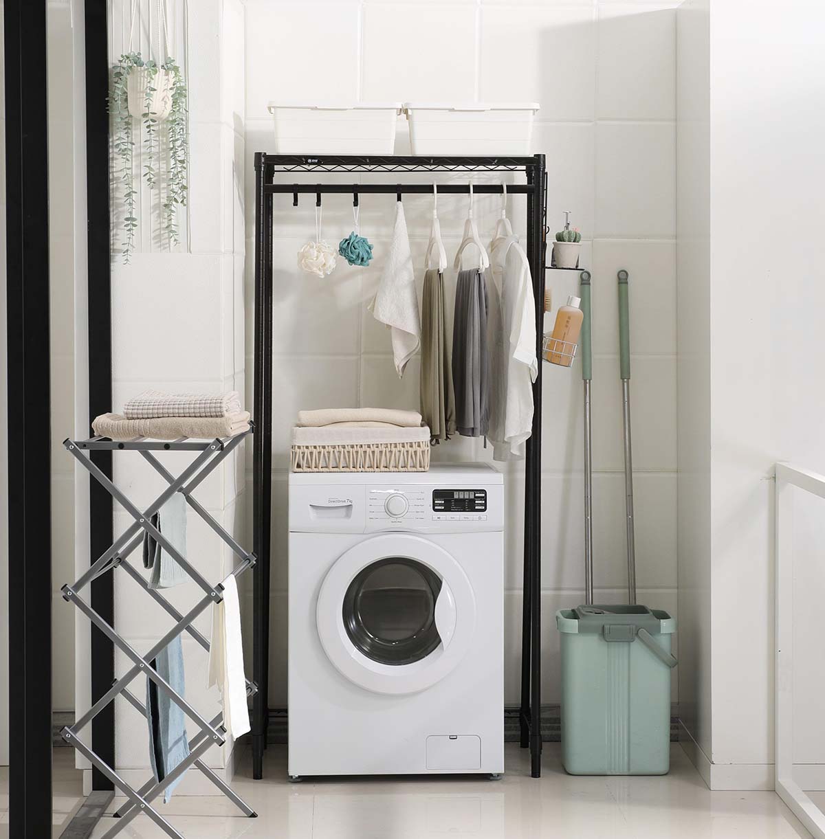 1-Tier Washing Machine Storage Rack with Hanging Rod and basket