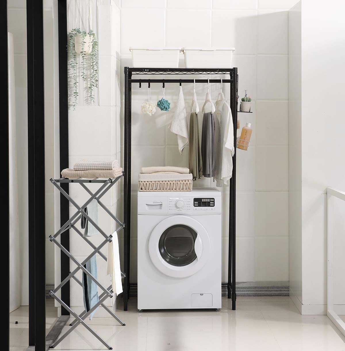 1-Tier Washing Machine Storage Rack with Hanging Rod and basket