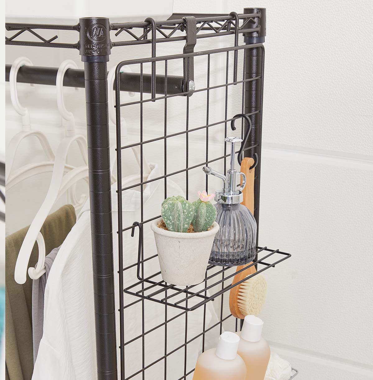 1-Tier Washing Machine Storage Rack with Hanging Rod and basket