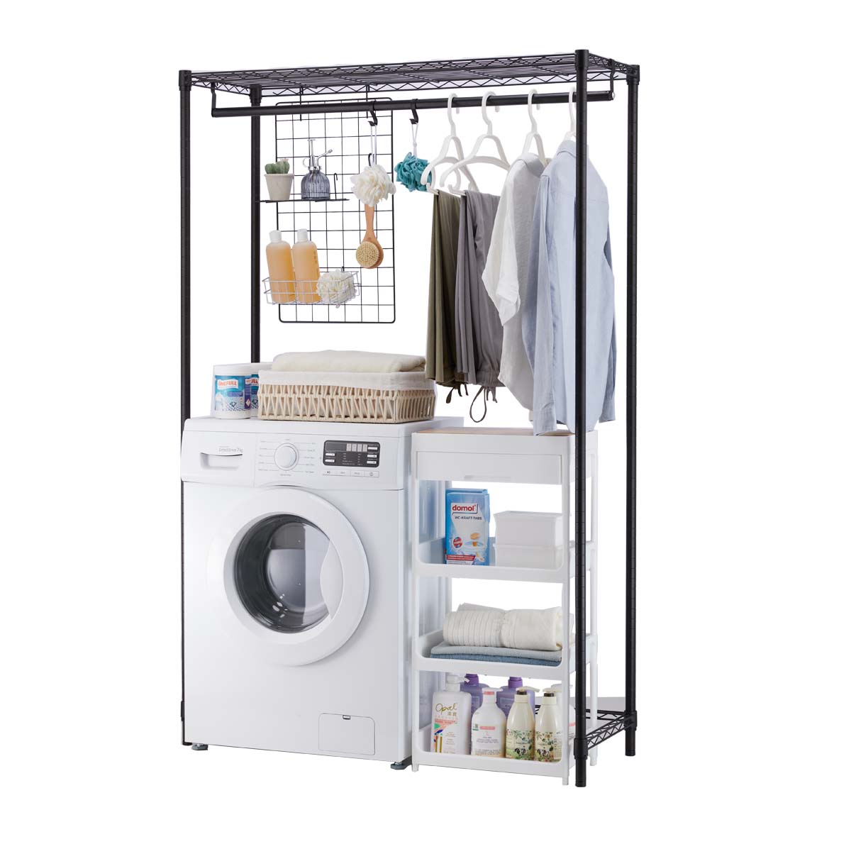 1-Tier Washing Machine Rack with Hanging Rod Hooks and Basket