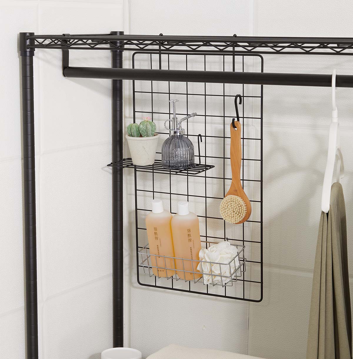 1-Tier Washing Machine Rack with Hanging Rod Hooks and Basket