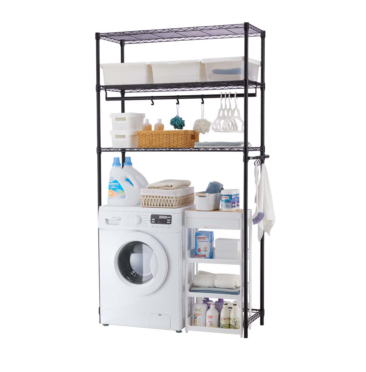 3-Tier Washing Machine Storage Rack with Hanging Rods and Hooks