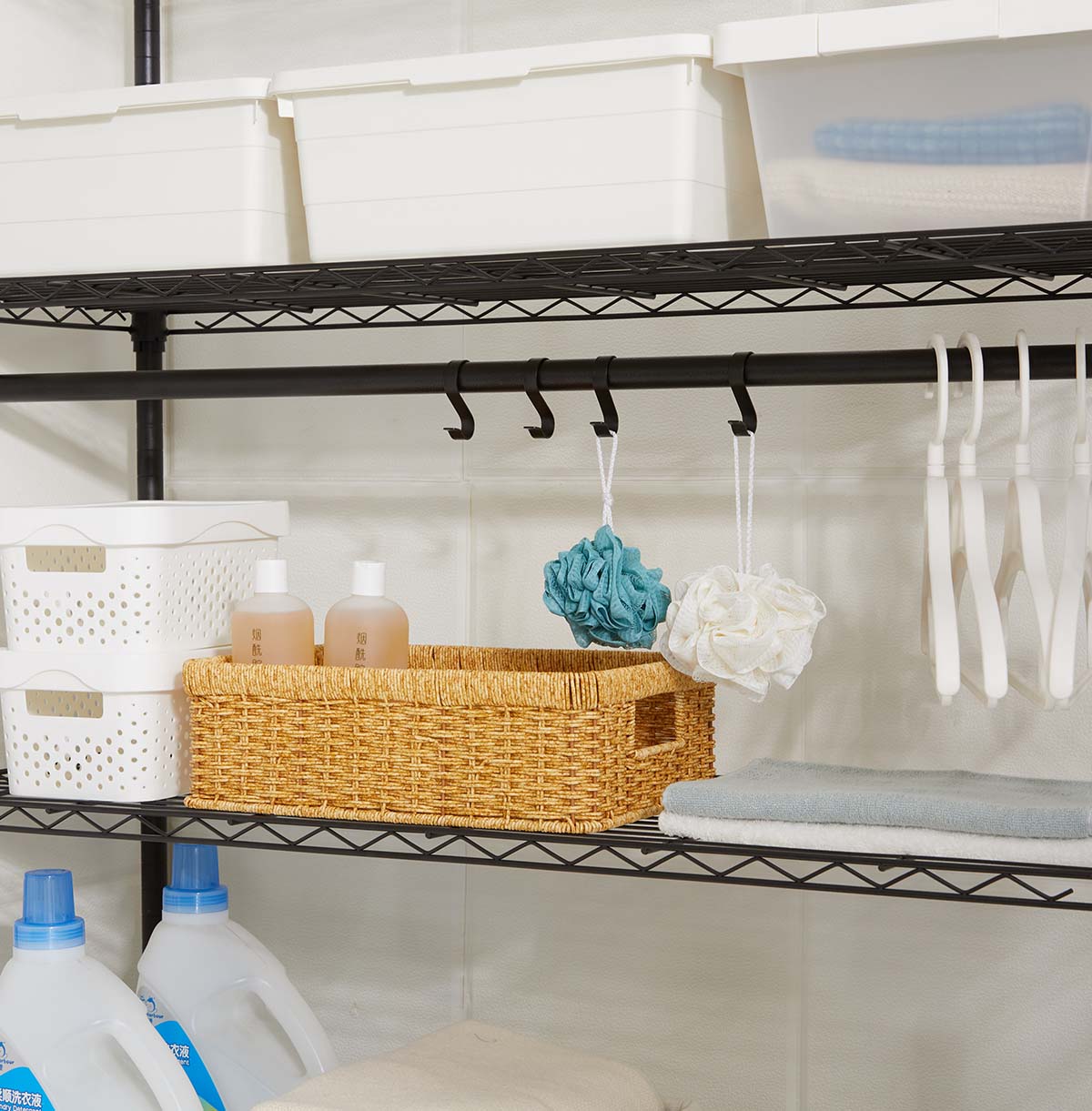 3-Tier Washing Machine Storage Rack with Hanging Rods and Hooks