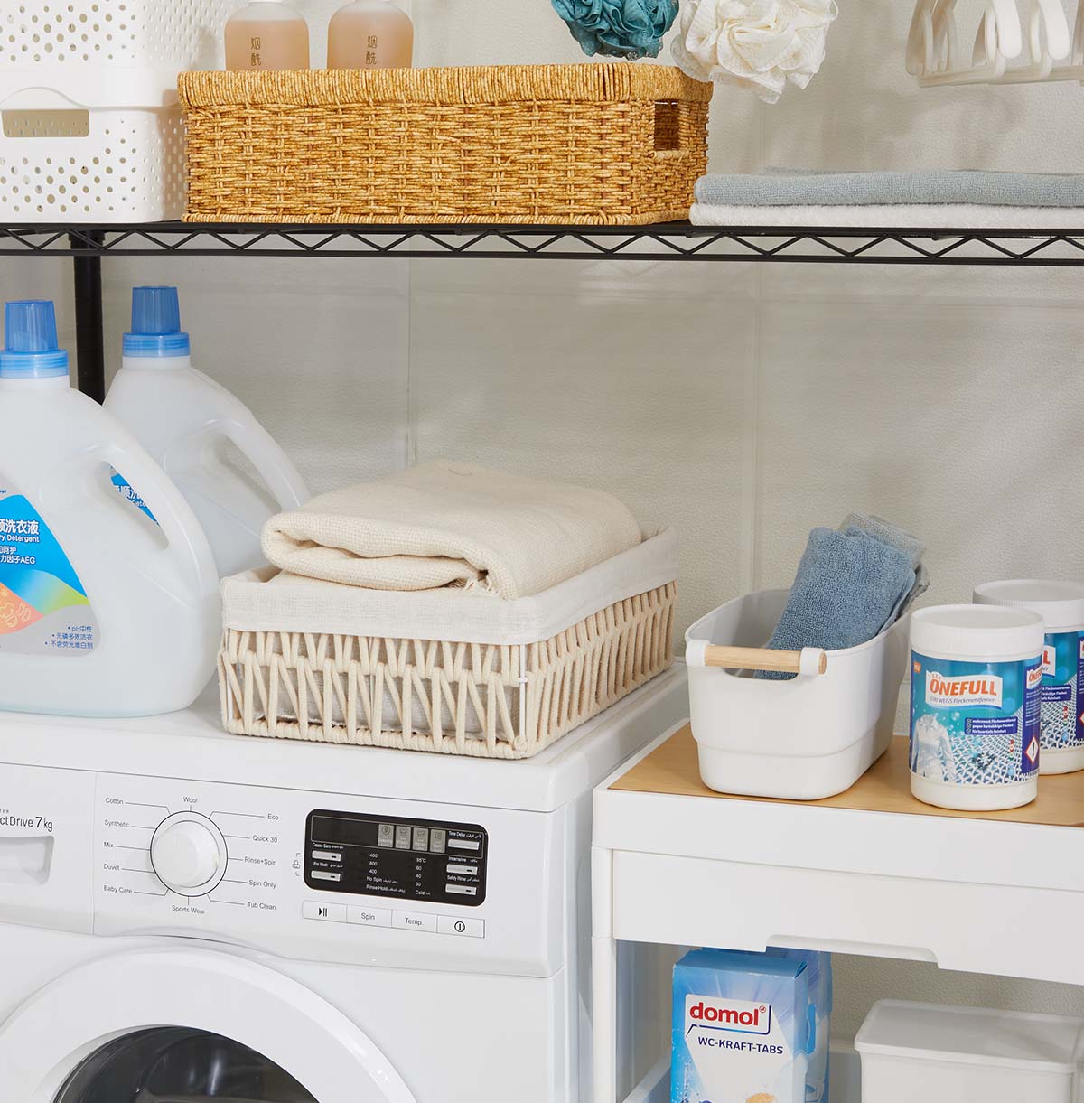 3-Tier Washing Machine Storage Rack with Hanging Rods and Hooks