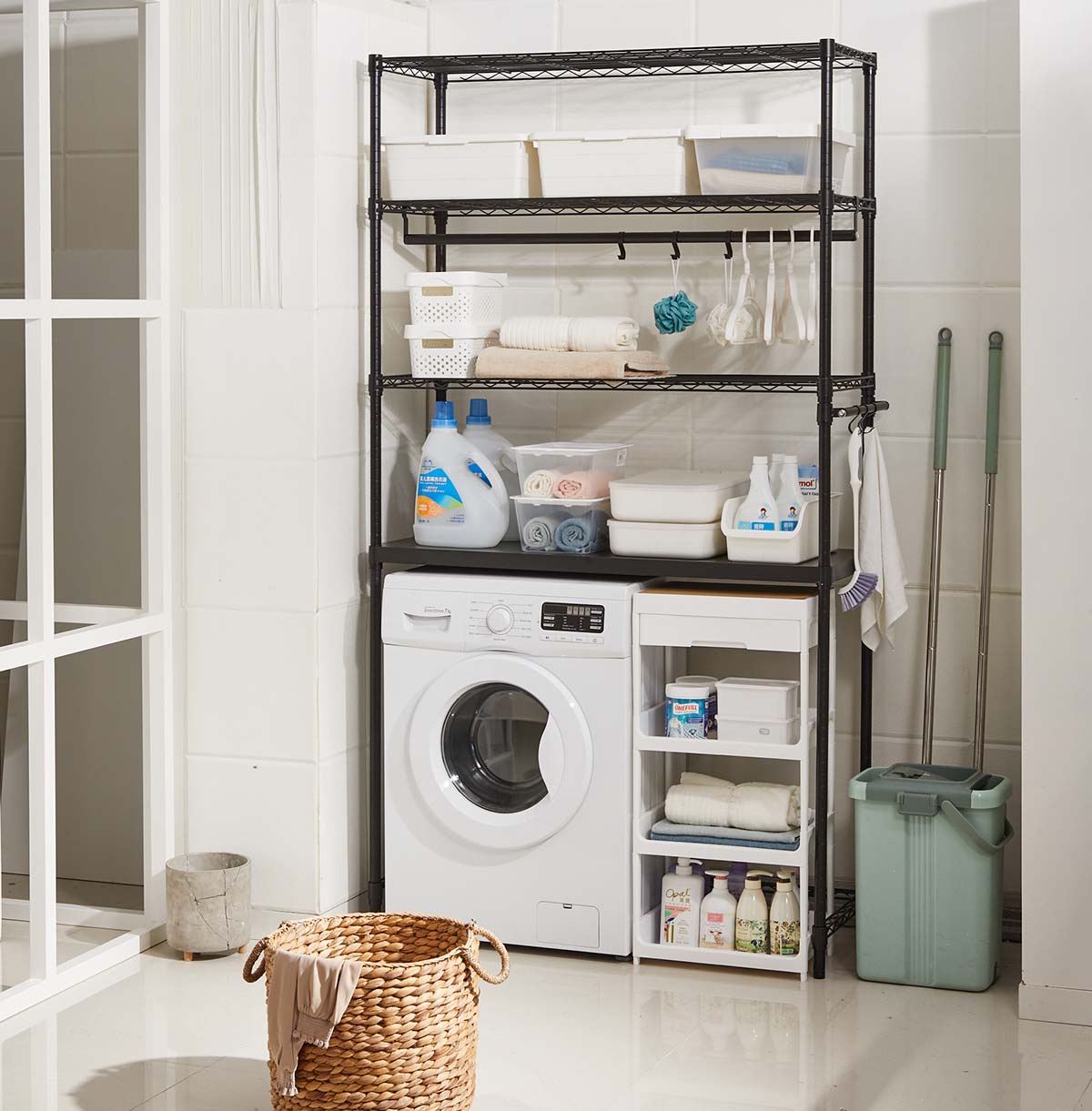 4-Tier Washing Machine Storage Rack with Hanging Rods and Hooks