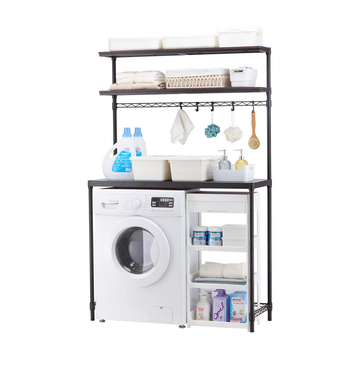 3-Tier Washing Machine Storage Rack with Hanging Rail and Hooks