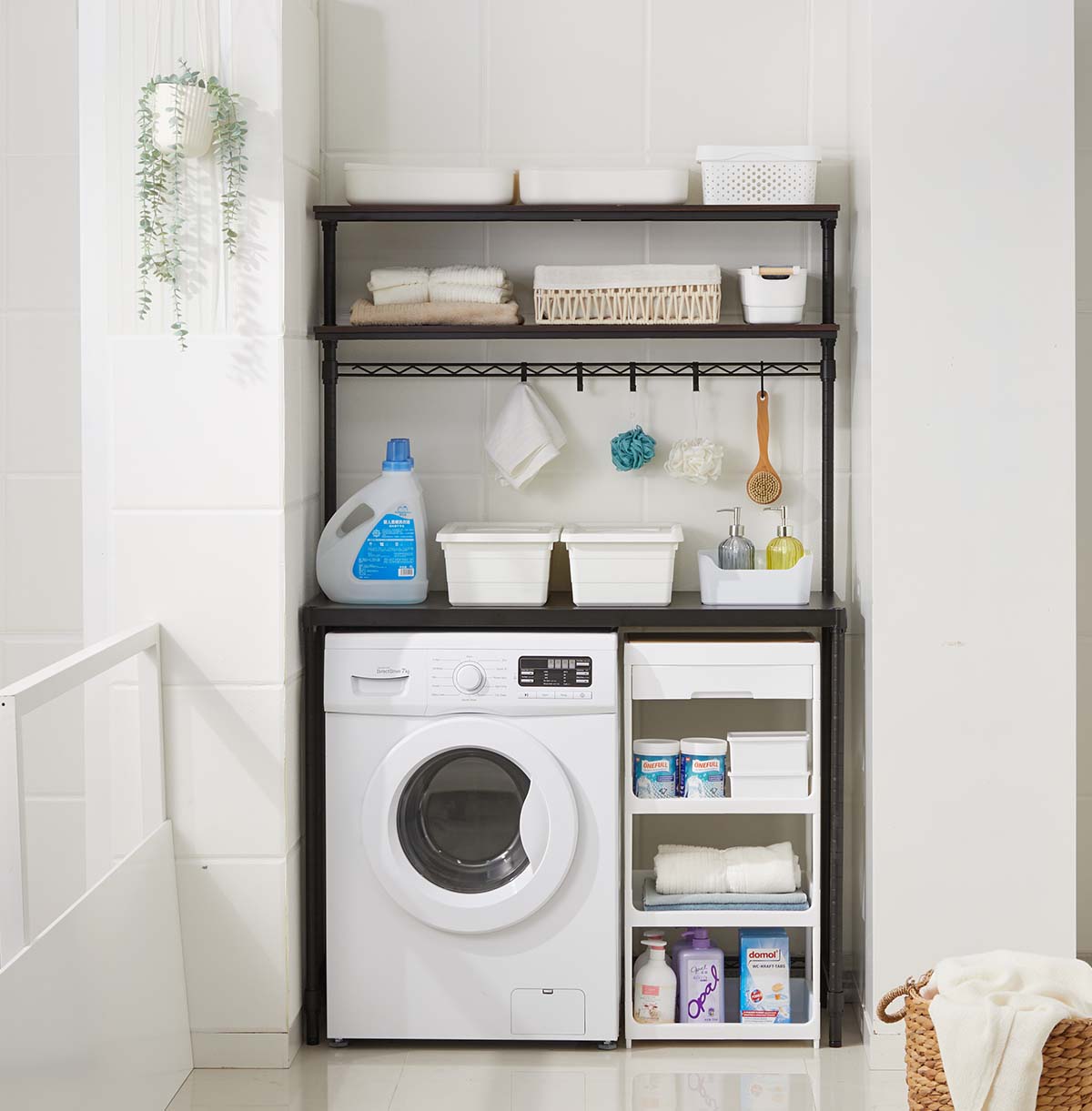 3-Tier Washing Machine Storage Rack with Hanging Rail and Hooks