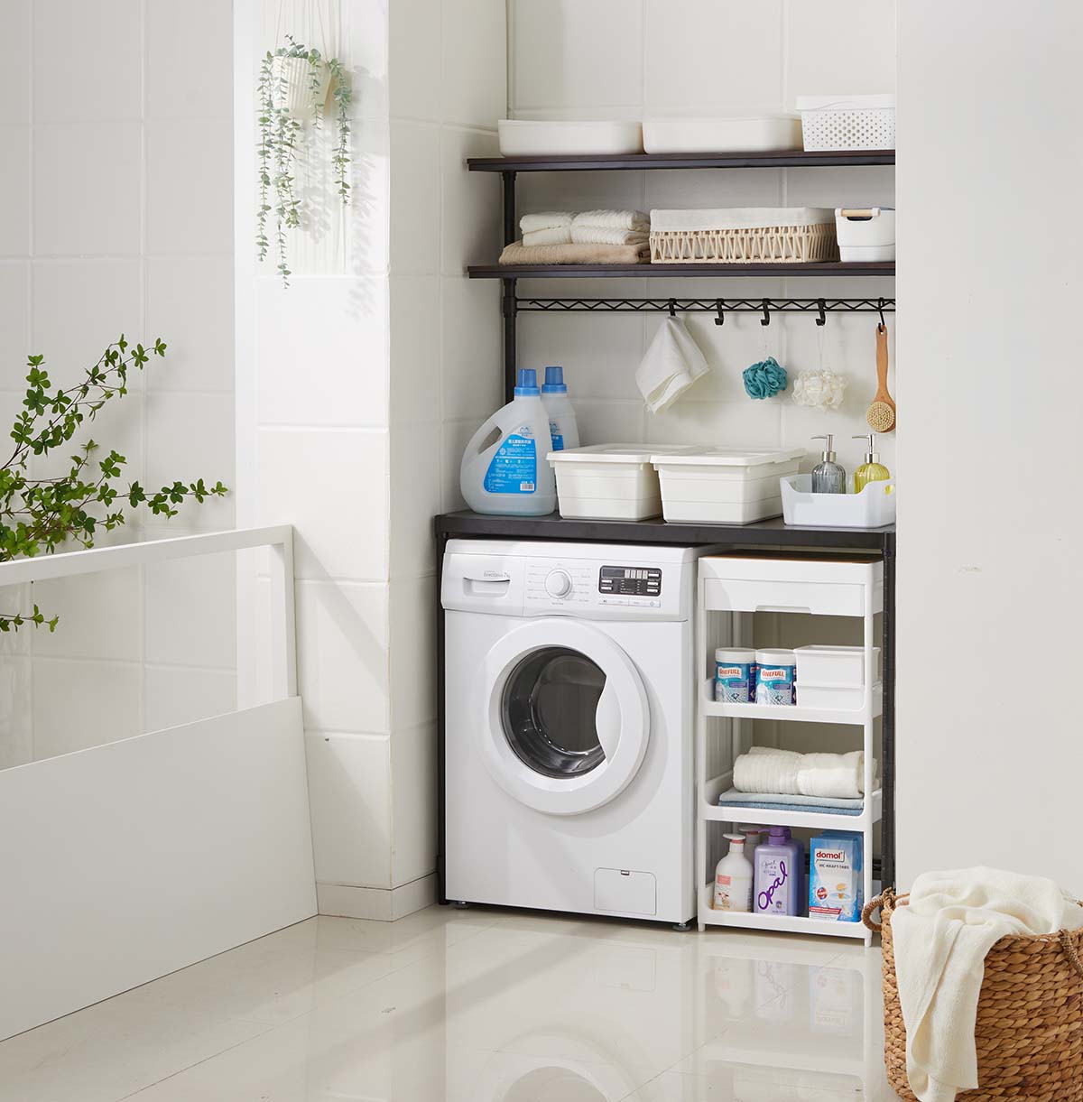 3-Tier Washing Machine Storage Rack with Hanging Rail and Hooks