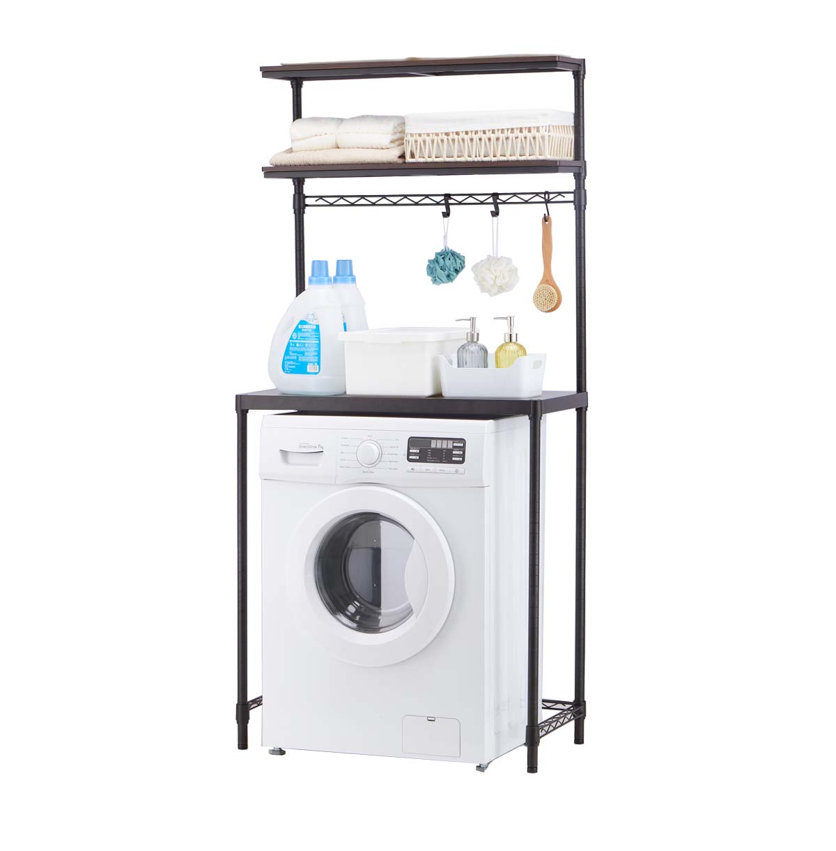 3-Tier Washing Machine Storage Rack with Hanging Rail and Hooks