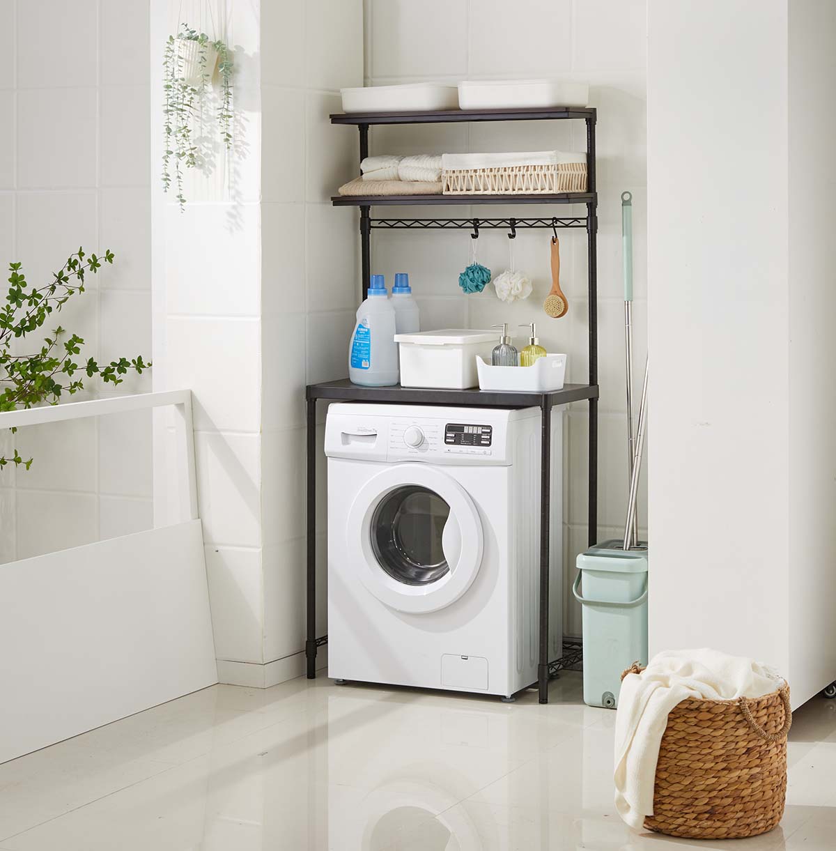 3-Tier Washing Machine Storage Rack with Hanging Rail and Hooks