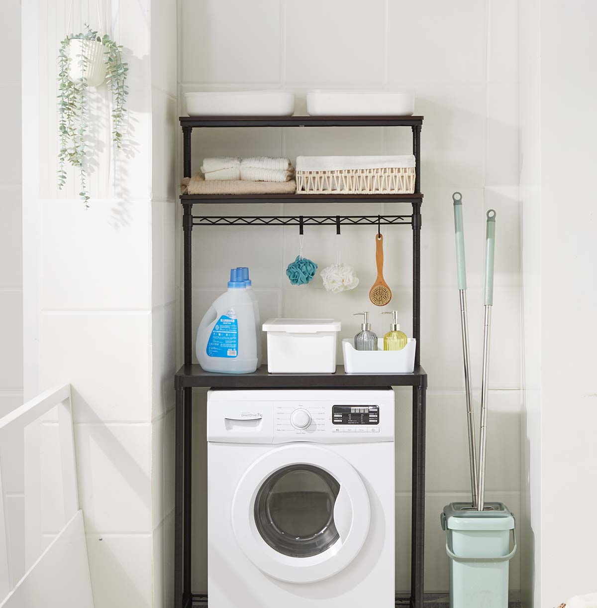 3-Tier Washing Machine Storage Rack with Hanging Rail and Hooks