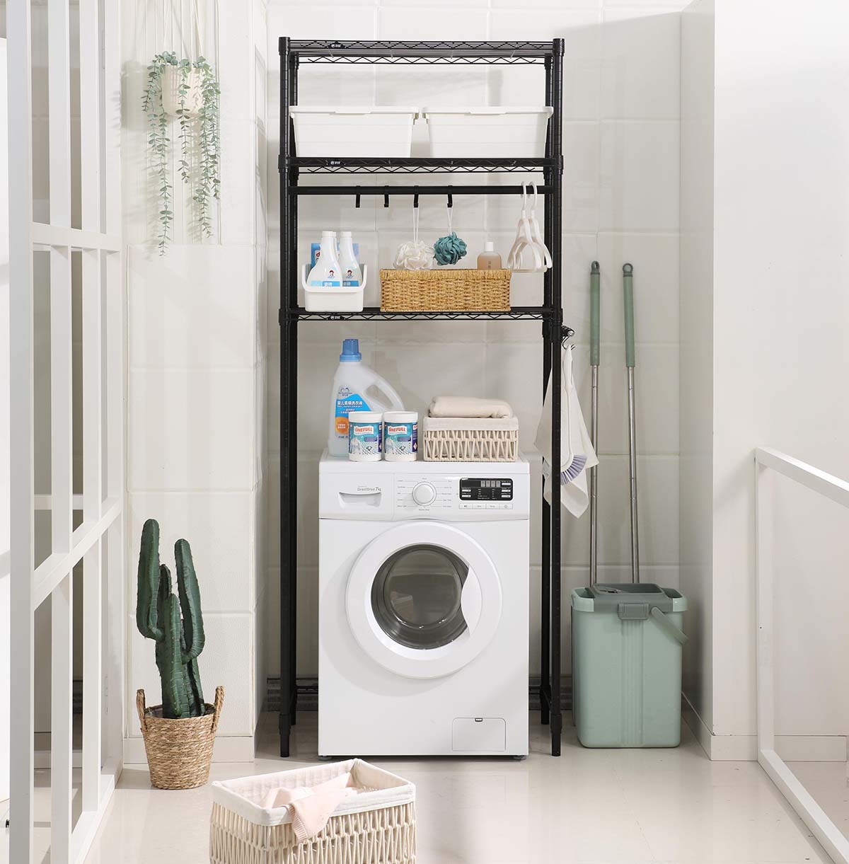 3-Tier Washing Machine Storage Rack with Hanging Rod and Hooks