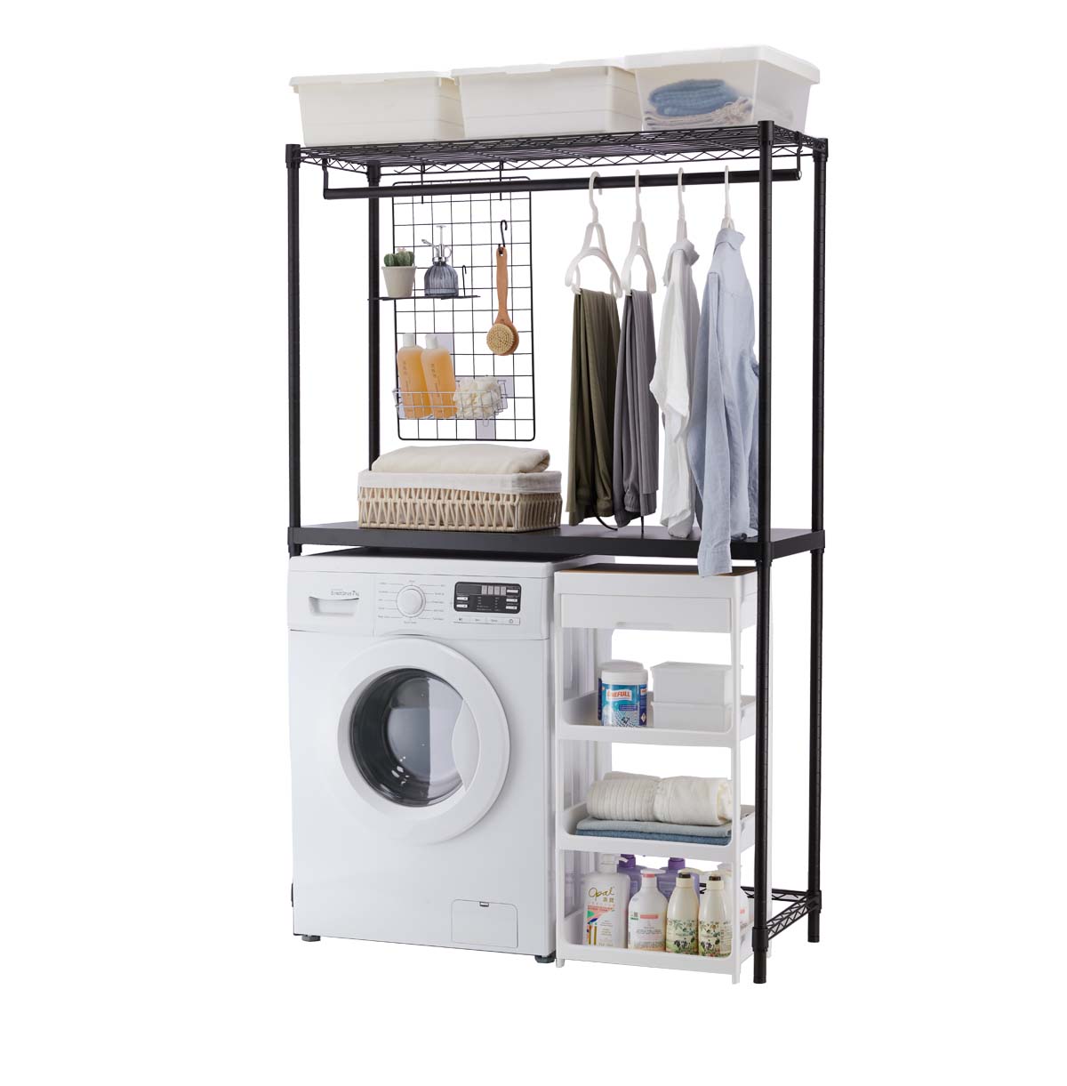 2-Tier Washing Machine Storage Rack with Hanging Rod and Basket