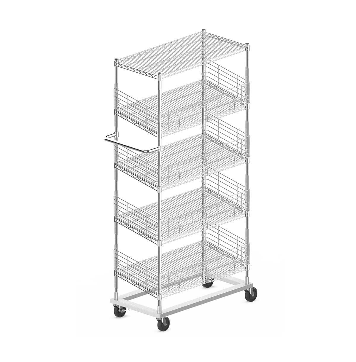 Chrome Wire Shelf Trolleys with Hand Bar / Metal Utility Cart / Custom Steel Wire Racks / 24x24 Chrome Wire Shelf 