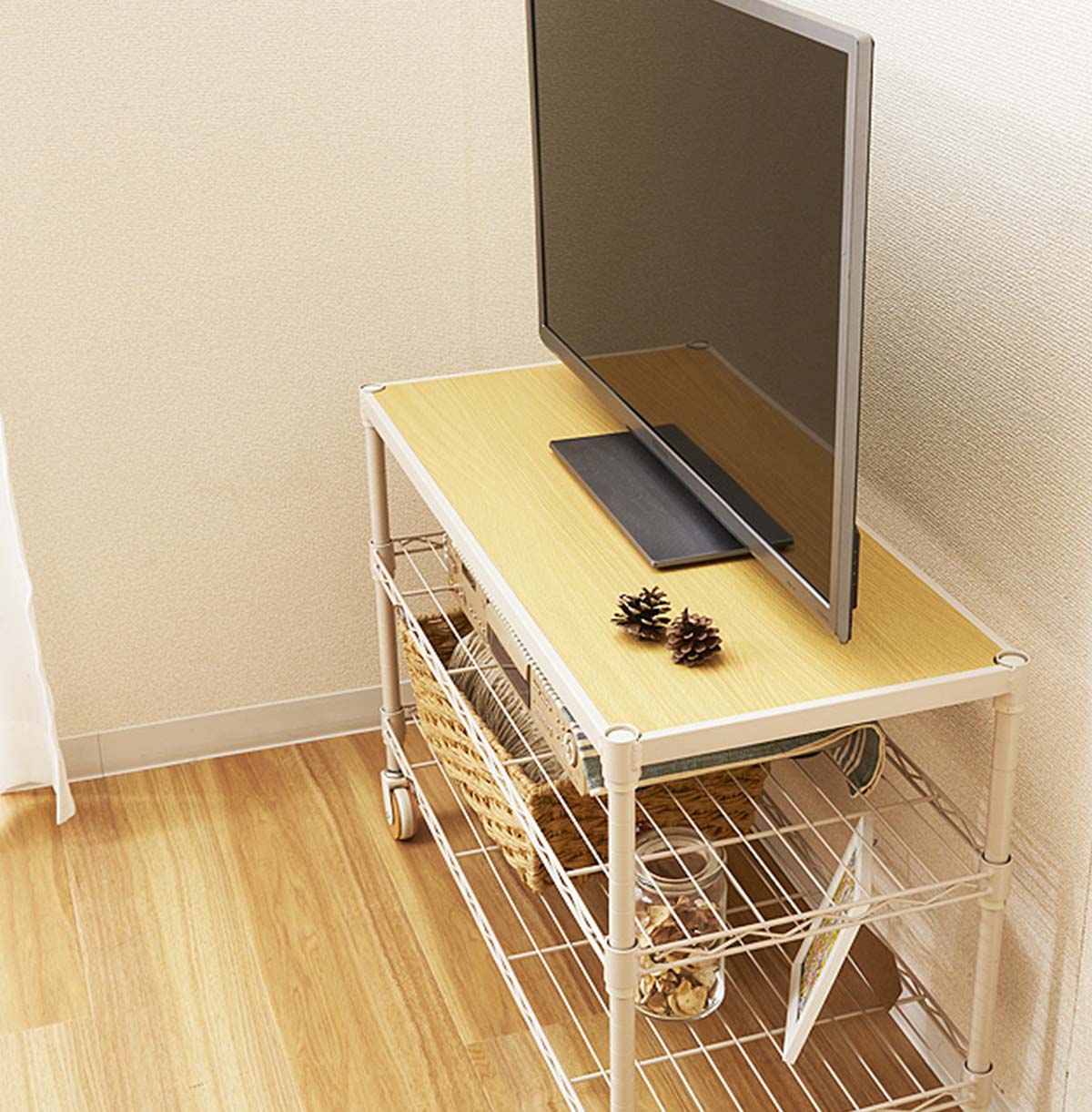 Mini TV Stand with Wood Top TV Console Table With Open Storage Shelves on Wheels 8055-3M