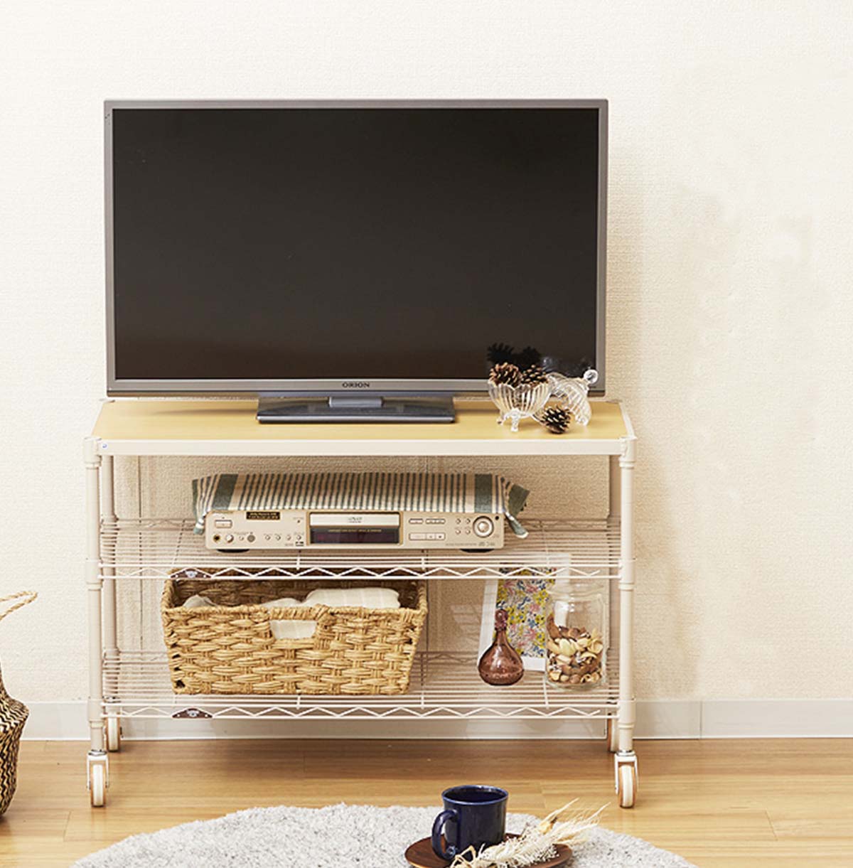 Mini TV Stand with Wood Top TV Console Table With Open Storage Shelves on Wheels 8055-3M