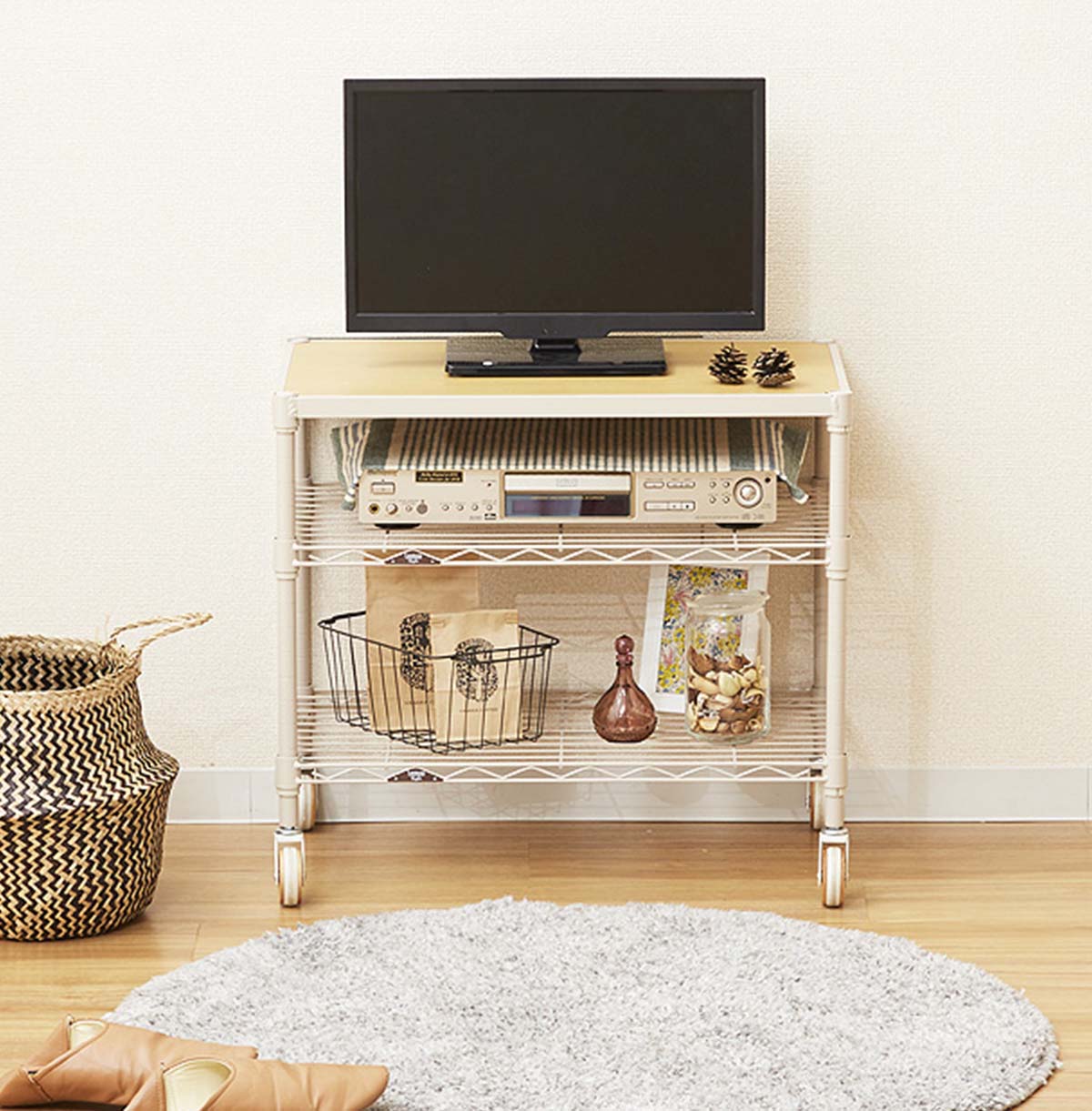 Mini TV Stand with Wood Top TV Console Table With Open Storage Shelves on Wheels 35-60