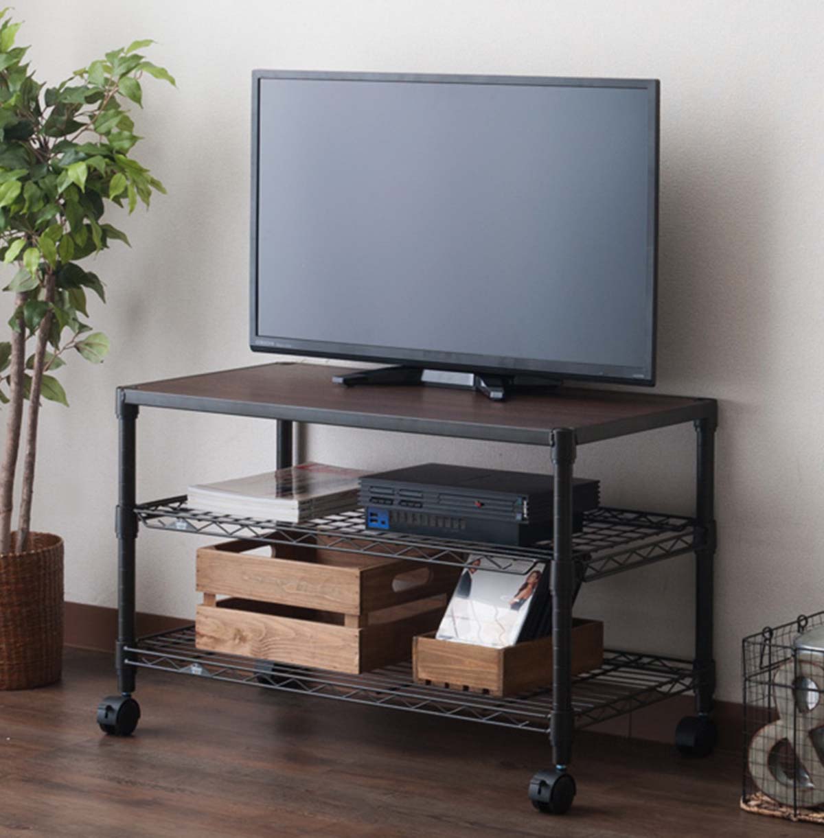 3-Tier TV Stand with Wood Top / TV Console Table With Open Storage Shelves on Wheels For Living Room  Bedroom 40-80