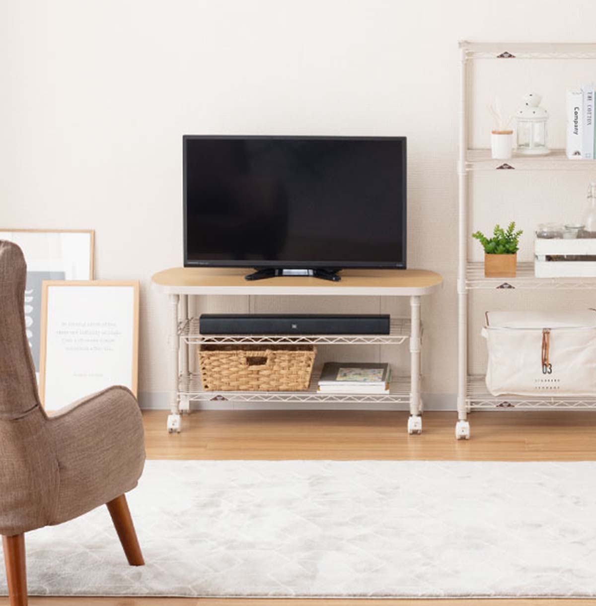 3-Tier TV Stand with Wood Top / TV Console Table With Open Storage Shelves on Wheels For Living Room  Bedroom 35-95