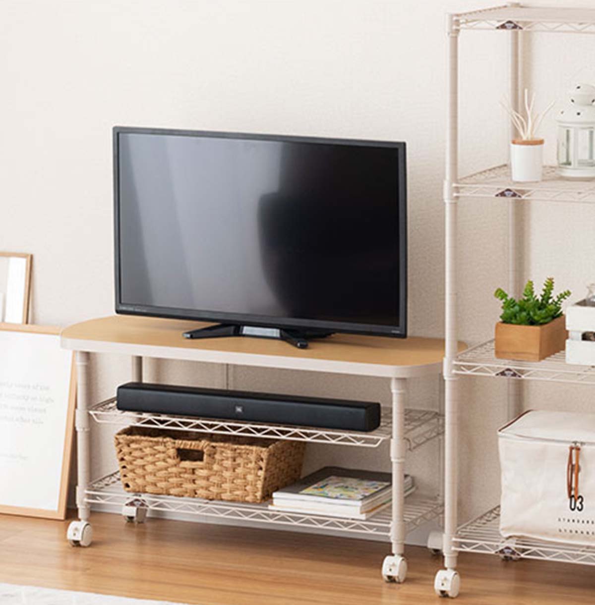 3-Tier TV Stand with Wood Top / TV Console Table With Open Storage Shelves on Wheels For Living Room  Bedroom 35-95