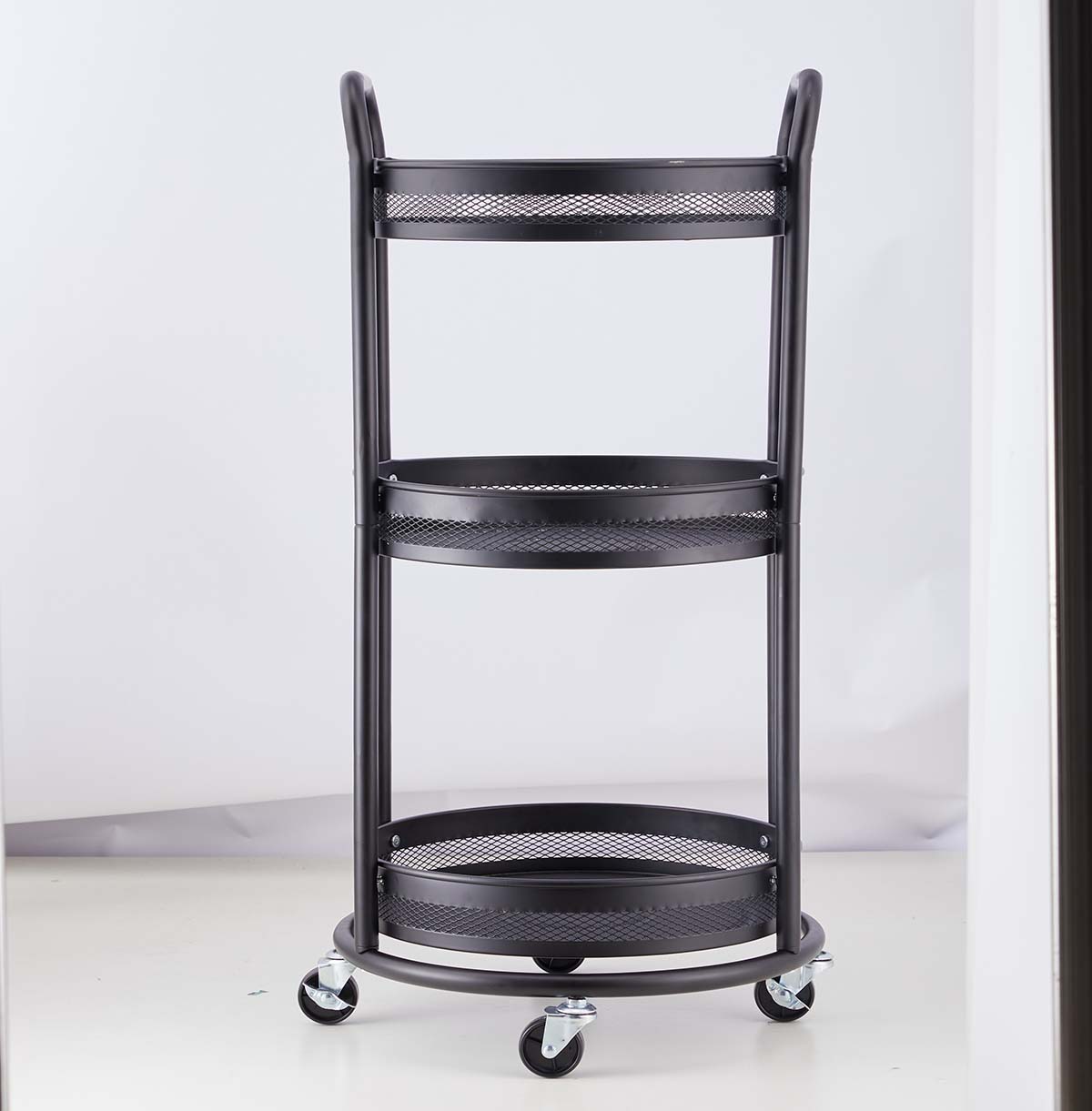 3-Tier Metal Utility Rolling Cart in Round Shape / Black Rolling Cart