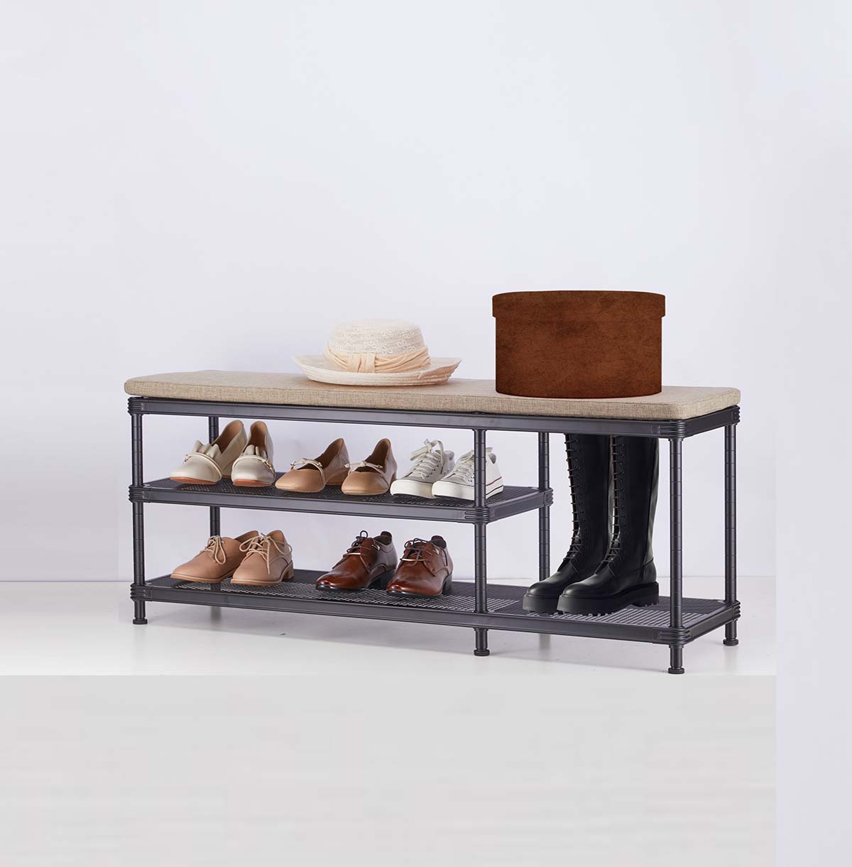 3-Tier Shoes Rack, Storage Entry Bench with Mesh Shelves