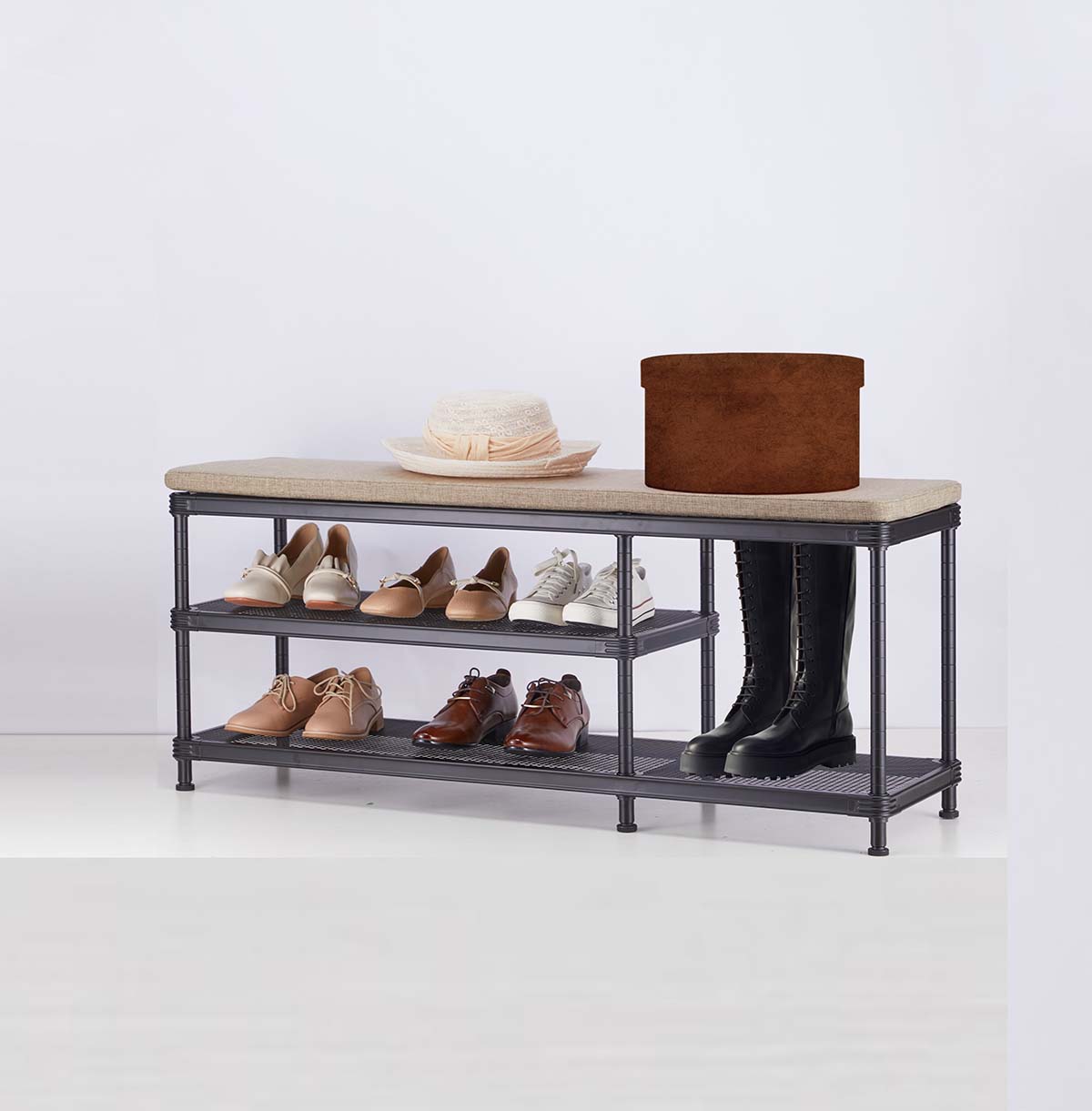 3-Tier Shoes Rack, Storage Entry Bench with Mesh Shelves