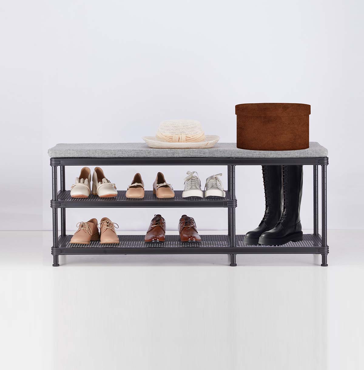 3-Tier Shoes Rack, Storage Entry Bench with Mesh Shelves