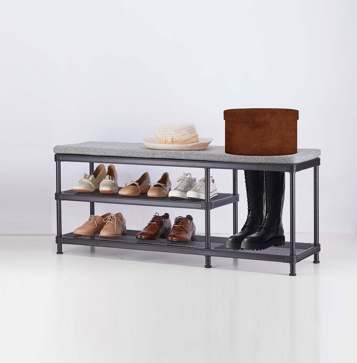 3-Tier Shoes Rack, Storage Entry Bench with Mesh Shelves