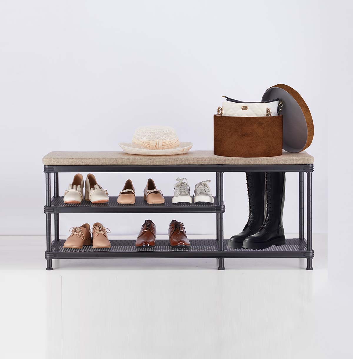 3-Tier Shoes Rack, Storage Entry Bench with Mesh Shelves