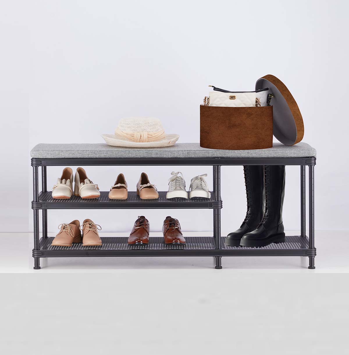 3-Tier Shoes Rack, Storage Entry Bench with Mesh Shelves